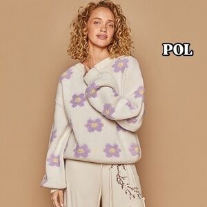 POL Cream and Purple Floral Sweater Size Large NWOT